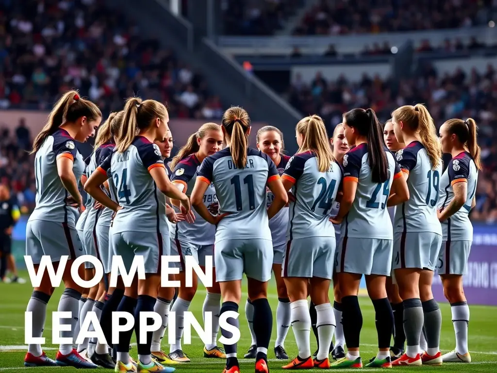 A focused shot of players strategizing during a Women's Champions League match, highlighting the tactical aspects and high stakes of the competition.